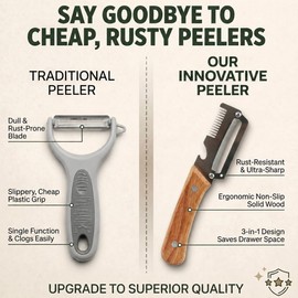 3-in-1 Vegetable Peeler for Kitchen: 2 Pack Wooden Handle Stainless Steel Scallion Shredder with Bottle Opener & Grater, Ergonomic Non-Slip Peeling Tool