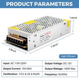HPMN 12V 15A Power Supply 180W Switching Power Transformer AC 110V-220V to DC 12V 15Amp Converter Low Voltage Output for LED Strip Light Security System CCTV Camera