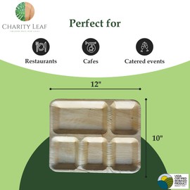 Charity Leaf Compostable 12x10'' Rectangle - 5 Compartment Palm Leaf Dinner Plates (25-pack) | Premium, 100% Natural, Disposable, Heavy Duty | Perfect for Parties, Weddings, BBQs & Catering Events