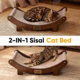 FUKUMARU Extra Large Sisal Cat Scratcher Bed Indoor Sturdy Wood Scratch Bed | 27.4 Inch Large Cat Scratching Bed Scratch Pad, 100% Natural Sisal Cat Hammock, Solid Wood Frame Lounger Chair Sofa