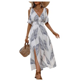 Verdusa Women's Summer Outfits Hawaiian Dress 2025 Boho Cold Shoulder Maxi Dresses Blue and White Medium