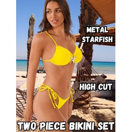 EHSUYAB Women Two Piece Starfish Bikini Set, High Cut String Tie Side Swimsuit, Cute Teens Low Rise Cheeky Bathing Suit Beach Yellow Medium
