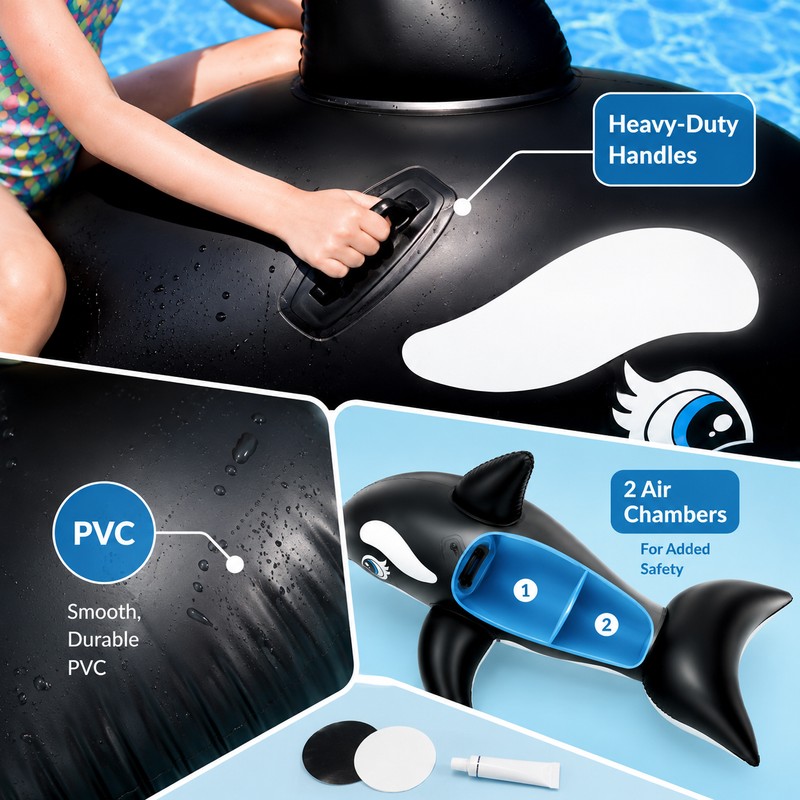 Large Inflatable Whale Ride-On for Pool Fun – Heavy-Duty Handles