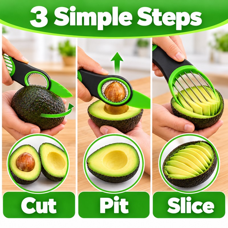 3-in-1 Avocado Slicer, Pitter & Cutter – Stainless Steel Fruit