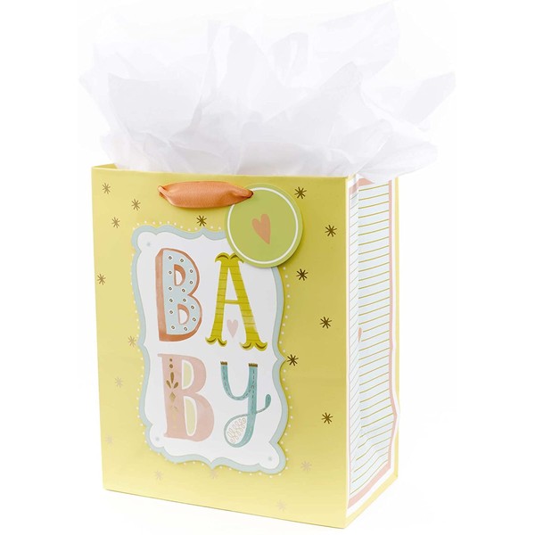 Hallmark 13" Large Gift Bag with Tissue Paper (B-A-B-Y, Yellow) for Baby Showers, New Parents and More