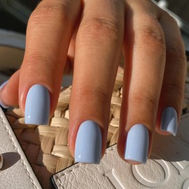 Light Blue Press on Nails Short Medium Square Glue on Nails Set,KQueenest Solid Color Fake Nails Short Coffin Acrylic Nails Press on Gel Nails for Women Natural Reusable False Press-on in 24 Pcs