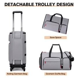 Vessgra Rolling Garment Bags for Travel, Garment Bag with Wheels, Convertible Garment Duffel bag, Carry On Garment Bag with Shoe Compartment, Rolling Duffel Bag with Detachable Trolley System-Grey