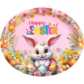 Fancy Land Easter Oval Paper Plates Easter Bunny Disposable Serving Platters for Holiday Party Supplies Tableware Favors 24Pcs