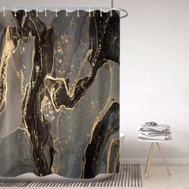 Uiiooazy Shower Curtain Black Gold Marble-Look Abstract Marbled Shower Curtain Bathtub Anti-Mould Waterproof Polyester Fabric Washable Opaque Bathroom Curtain with Rings 180 x 180 cm