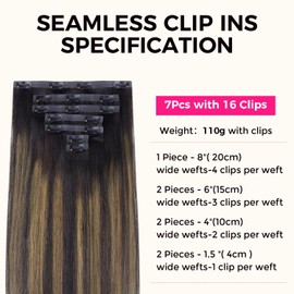 Lashey Seamless Hair Extensions Clip ins Staright 110g Natural Black Mixed Chestnut Brown 14 Inch 7pcs PU Weft Clip in Hair Extensions Real Human Hair with Invisi Edge for Black Women