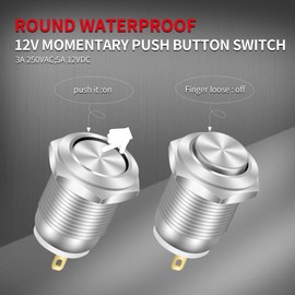 DaierTek 6pcs 12mm Momentary Push Button Switch 12V Waterproof Power Pushbutton Small Round Chrome Stainless Metal 2pin N/O