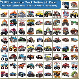CHARLENT Temporary Monster Truck Tattoos for Kids Party Supplies - 74 Individual Sheets Monster Truck Tattoos for Boys Birthday Party Gifts and Goodie Bag Fillers