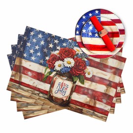 Flowers Vase Us Flag 4th of July Placemats Set of 6 13x19 Inch Vintage Brown Wood Grain Table Mats Patriotic Memorial Day Independence Day Holiday Kitchen Dining Home Outdoor Party Table Decoration