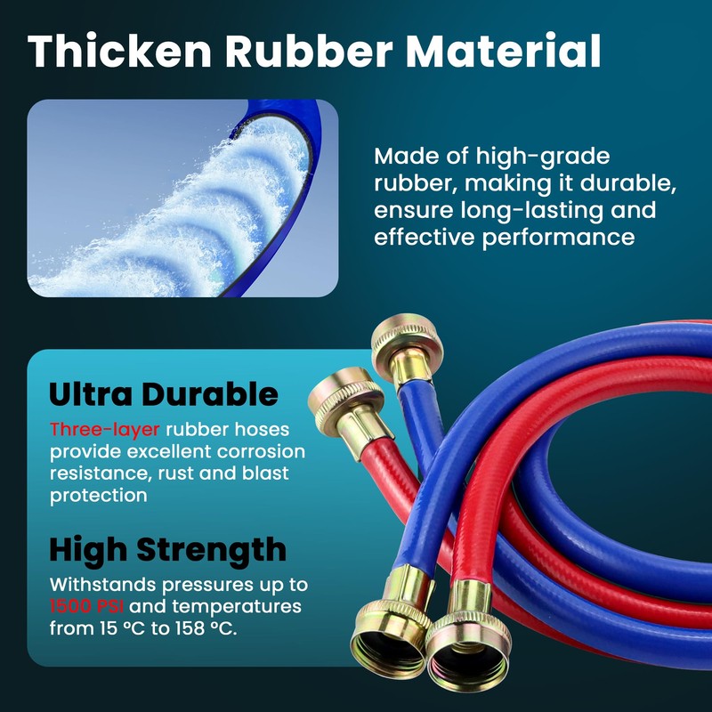 2 PACK Rubber 6FT Washing Machine Hoses Burst Proof Red