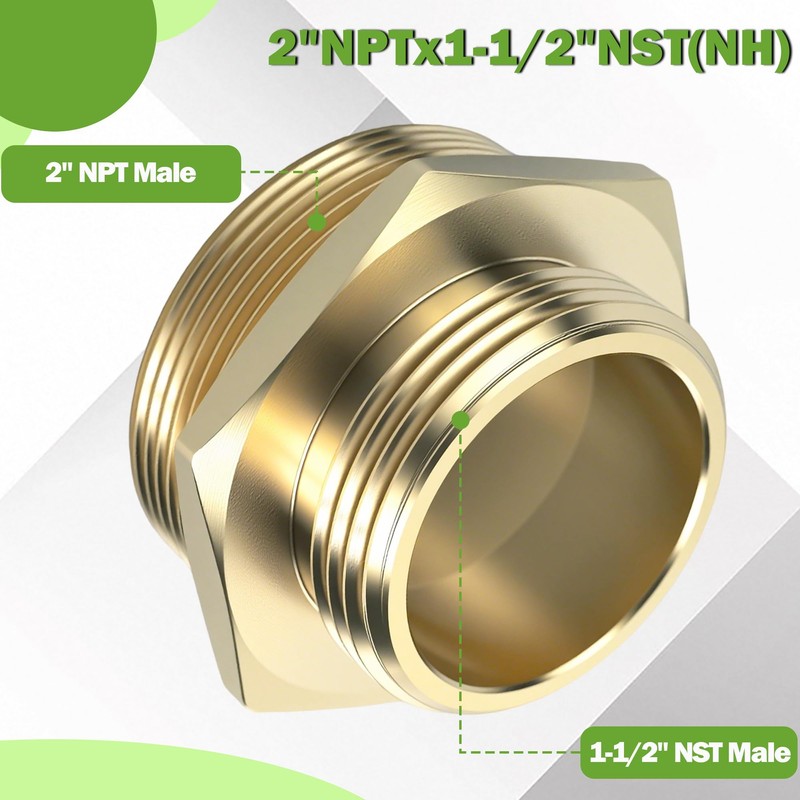 2" NPT Male x 1-1/2" NST Male Brass Hexagonal Nipple