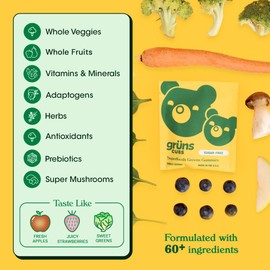 Gruns Kids Vitamins, Super Greens Gummies - Superfood Gummy Bears with Spirulina, Chlorella, 20+ Vitamins & Minerals, Prebiotics Fiber for Digestive Health, Adaptogens Supplement, 28 Day Supply
