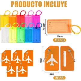 Kit 15 Identificador de Maletas de Viaje en Avión,Contiene 5 Etiquetas para Equipaje de Silicona y 10 Etiquetas para Equipaje de PVC,con Anillo de Acero Inoxidable,Adecuado para Bolsos y Equipaje