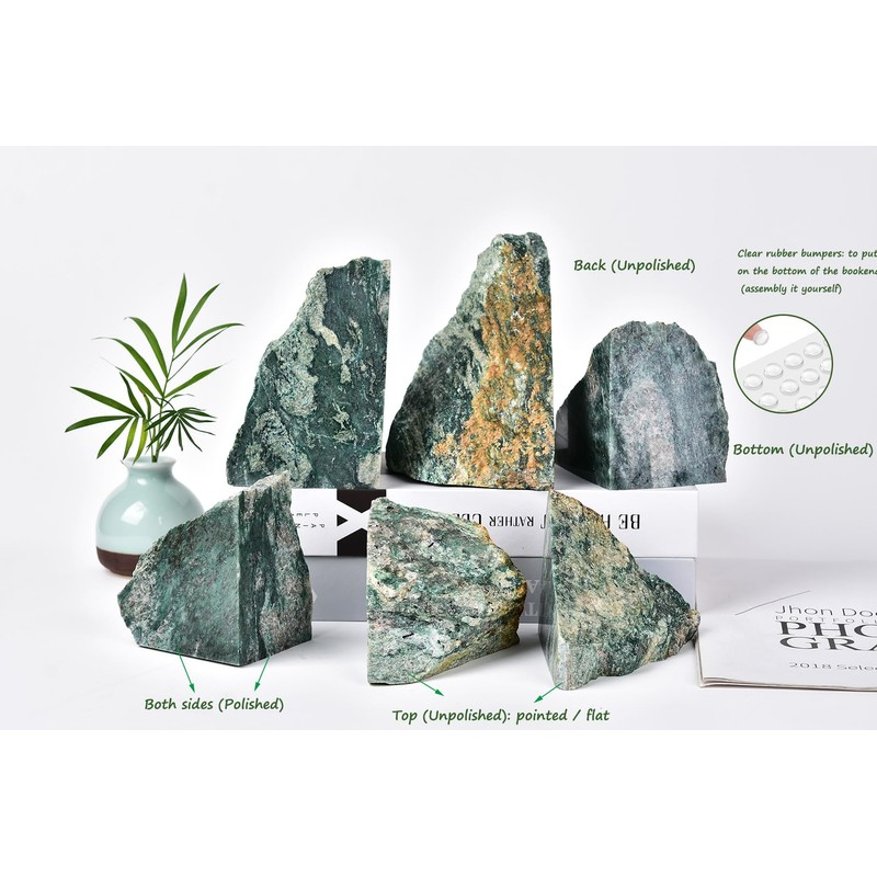 AMOYSTONE Heavy Sturdy Bookends | Natural Green Mica Stone 6-8LBS