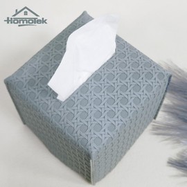 HOMOTEK HOMOTEK 2 Pack Tissue Box Cover, Square PU Leather Tissue Holder, Decorative Facial Tissue Cube Paper Organizer Dispenser for Bathroom, Night Stands, Desk, Car 5X5X5' - Rattan Weave, Light Gray