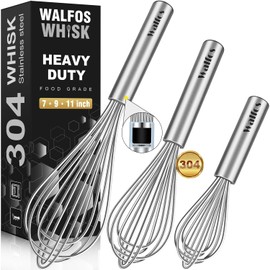 Walfos Whisk,304 Stainless Steel Whisks,Heat Resistant 600°F,Heavy Duty Whisk Prefect for Cooking, Blending, Whisking, Beating, Stirring.(7+9+11inch/18+23+28cm) Silver