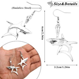 Shark Charm Drop Dangle Stainless Steel Hook Earrings Hypoallergenic Hinged Moveable Tooth Jaws Skull Hell Demon Fancy Dress, silver-plated-base
