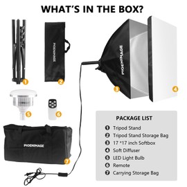 PIOENIMAGE Softbox Photography Lighting Kit, Soft Box Lighting Set with 17in x 17in Softbox, Folding Lighting Tripod, 85W 2700K-6500K LED Bulb, Remote, Studio Lights for Photography, Video Recording
