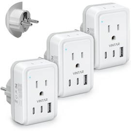 3 Pack Type E F Plug Adapter, VINTAR Schuko Germany France Power Adapter with 2 American Outlets 3 USB Ports(2 USB C), 5 in 1 Type E Travel Adapter for US to EU Spain Iceland Korea German French