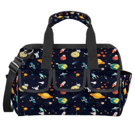 Planets Astronaut Tool Tote Bags Cartoon Space Heavy Duty Wide Mouth Tool Bag Multi-pockets 14.8 Inches Tool Organizer Bag with Adjustable Strape for Men and Women