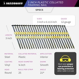 Sandbaggy 21 Degree Framing Nails (3 inch x 0.113 inch) - Plastic Strip Collated Nails - 1/4" Round Head, Smooth Shank, Vinyl Coated - 12 Gauge (1000)