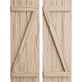 Ekena Millwork 16 1/2"W x 42"H Rustic Three Board Joined Board-n-Batten Riverwood Faux Wood Shutters w/Z-Board (Per Pair), Primed Tan