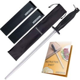 Top Chef’s 12' Knife Rod + Knife Guard Honing Steel Complete Kit | Professional Carbon Steel Honing Rod & Luxury Carry Bag – Universal Honing Rod/Stick for Kitchen, Butcher, Chef Knives and More(12)