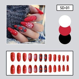24Pcs Red Fake Nails Almond Medium Press on Nails with Design CEWEWP Christmas Lattice Matte Glue on Acrylic Nails Snowflakes Full Cover Stick on False Nails Xmas Glue on Nails for Women or Girl
