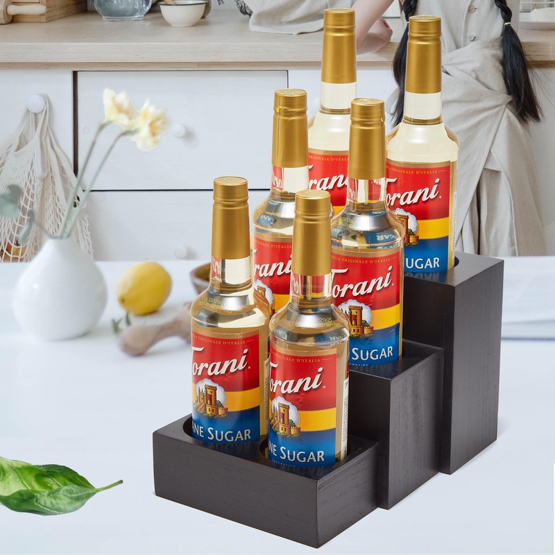 GOVOKOI Black Wood Coffee Syrup Rack Organizer, 3 Tier Syrup