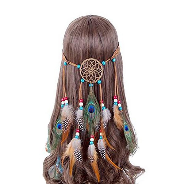 Girls Women Lady Bohemian Peacock Feather Headband Dreamcatcher Headpiece Hippie Headpiece with Headgear Handmade Tribal Indian Fascinator Feather Hairband Hair Accessories