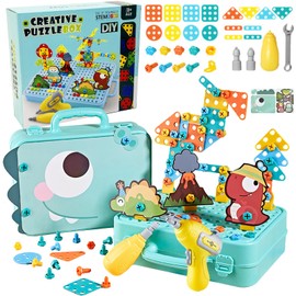 Montessori Children's Tool Box for Children from 3 Years, Toy Box with Chainsaw Children, 3D 2D Dinosaur Puzzle Toy Drill Screw Tool Set, Children's Toy from 3 4 5 6 Years (233 Pieces)