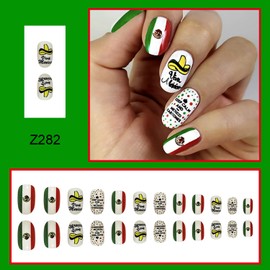 Mexico Flag Press on Nails Short Oval Mexico Independence Day Artificial Acrylic Fake Nails Reusable Full Cover False Nails with Red Green White Designs Glue On Nails with Patriotic for Women 24Pcs