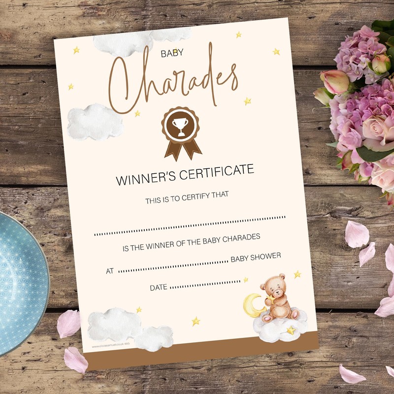 Olivia Samuel Baby Shower Charades Game with Winner Certificate –
