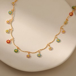 Daisy Choker Necklace for Women 18k Gold Plated Adjustable Flower Choker Necklace Colorful Daisy Necklace for Girls