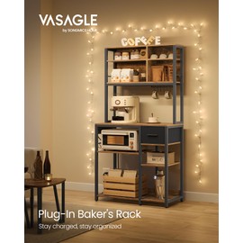 VASAGLE Bakers Rack with Charging Station, Coffee Bar with Adjustable Storage Shelves, Fabric Drawer, 12 Hooks, 15.7 x 31.5 x 71 Inches, Kitchen Microwave Stand, Rustic Brown and Ink Black UKKS015K01