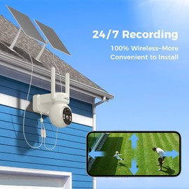 Hiseeu Solar Powered Security Camera, 24/7 Recording, 4MP 100% Wireless Outdoor Camera, 360° PTZ View, PIR Motion Detection, Color Night Vision, 2-Way Audio, IP66 Waterproof, No Monthly Fees