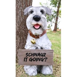 Adorable Grey Schnauzer Dog Sitting With Jingle Collar Greetings Sign Statue
