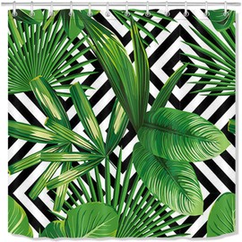 LB Green Leaf Shower Curtain Black and White Striped Shower Curtains Tropical Palm Leaves Bath Curtain Anti Mould Waterproof Polyester Shower Curtain Set with Hooks,71x71 inches