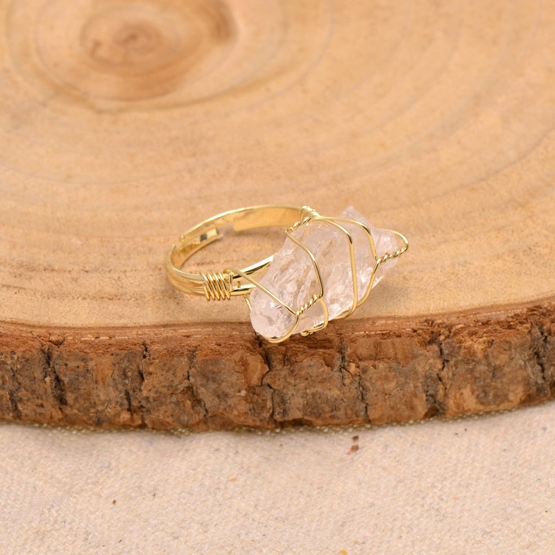 Wire Wrapped Natural White Quartz Crystal Rough Stone Ring, US