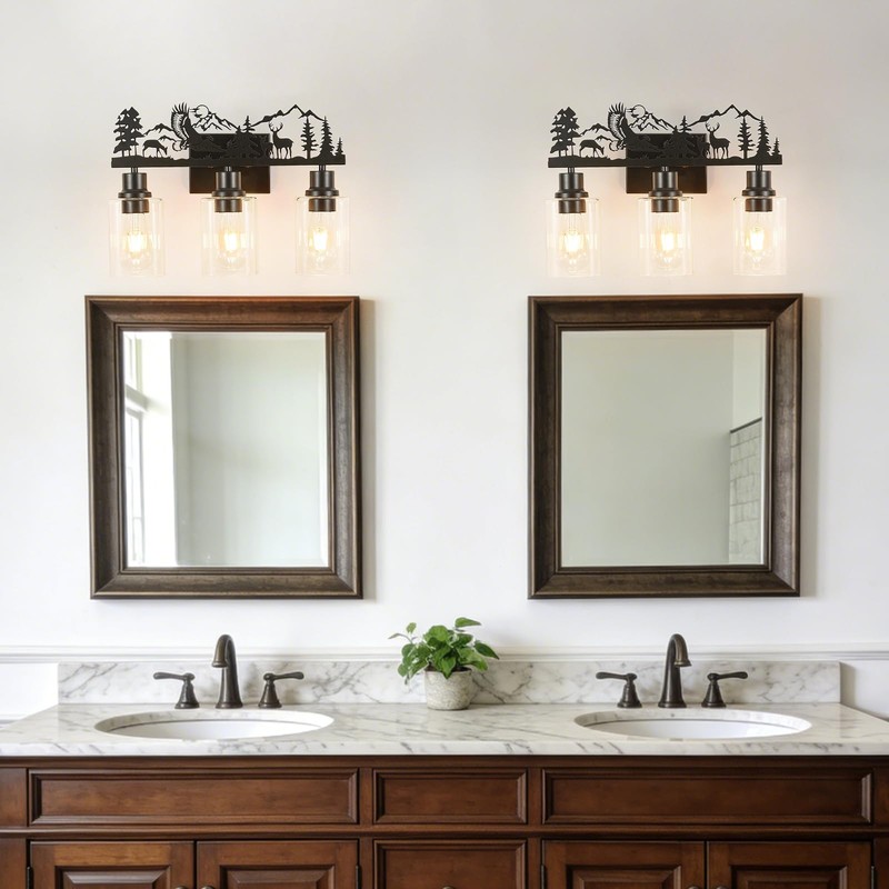 MLGB Rustic Farmhouse Bathroom Vanity Light, 3-Light Deer & Forest