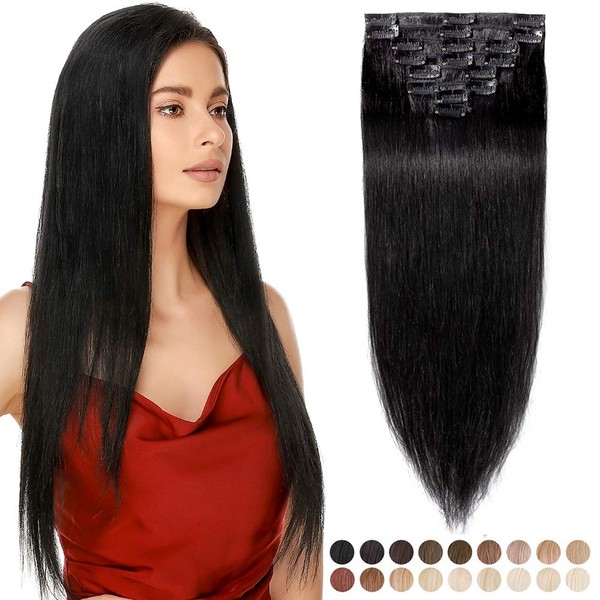 Elailite Clip-In Real Hair Extensions, 8-Piece Set, 61 cm Hair Extensions, Straight Hairpiece, Natural Hair Extensions for Women, 18 Clips, #1 Jet Black
