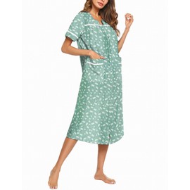 Ekouaer Womens Snap Front Dusters Cotton Housecoat Short Sleeve Nightgown House Dress With Pockets Light Green Floral M