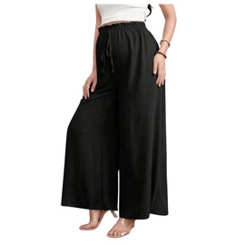 BEAUDRM Women's Maternity Elastic High Waist Pants Knot Front Wide Leg Pregnancy Pants Black Large