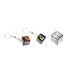 Miniblings Magic Cube Earrings Game 3D Puzzle Cube Toy 80s Retro 3x3 - Handmade Fashion Jewellery I Earrings Earrings Silver-Plated, Wood