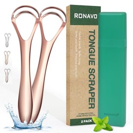 RONAVO - Rascador de lengua con doble cabezal de raspado, limpiador de lengua para adultos y niños, lucha contra el mal aliento, raspador de lengua de metal con estuche de viaje, oro rosa, paquete de
