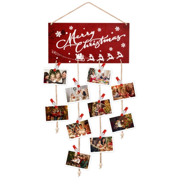 Christmas Card Holder Wooden Merry Christmas Wall Hanging Picture Holders with 30 Snowflake Wooden Clips Picture Holder for Xmas Greeting Card Display for Christmas Home Party Wall Decor (Red)